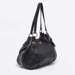 Prada Black Vitello Daino Leather Side Zip Hobo