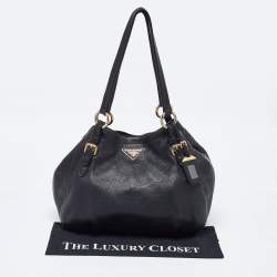 Prada Black Vitello Daino Leather Side Zip Hobo