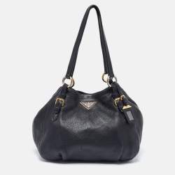 Prada Black Vitello Daino Leather Side Zip Hobo