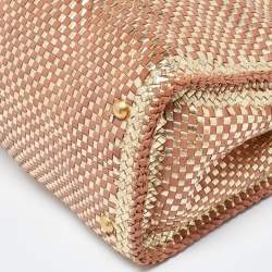 Pre Owned Prada Gold/Brown Woven Madras Leather Snap Tote