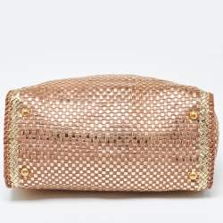 Pre Owned Prada Gold/Brown Woven Madras Leather Snap Tote