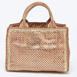 Pre Owned Prada Gold/Brown Woven Madras Leather Snap Tote