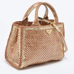 Pre Owned Prada Gold/Brown Woven Madras Leather Snap Tote