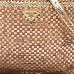 Pre Owned Prada Gold/Brown Woven Madras Leather Snap Tote