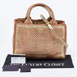 Pre Owned Prada Gold/Brown Woven Madras Leather Snap Tote