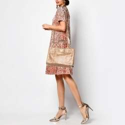 Pre Owned Prada Gold/Brown Woven Madras Leather Snap Tote