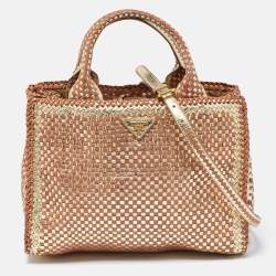 Pre Owned Prada Gold/Brown Woven Madras Leather Snap Tote