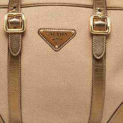 Prada Metallic/Beige Canvas and Leather Zip Bowler Bag