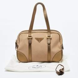 Prada Metallic/Beige Canvas and Leather Zip Bowler Bag