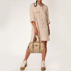 Prada Metallic/Beige Canvas and Leather Zip Bowler Bag