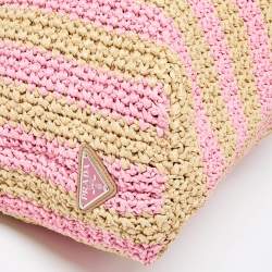 Pre Owned Prada Pink/Beige Stripe Raffia Logo Tote