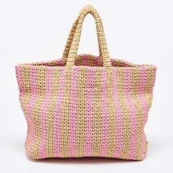 Pre Owned Prada Pink/Beige Stripe Raffia Logo Tote