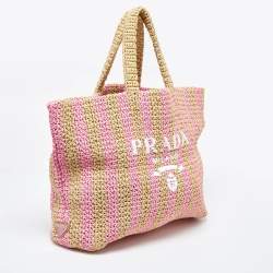 Pre Owned Prada Pink/Beige Stripe Raffia Logo Tote