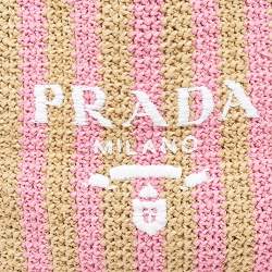 Pre Owned Prada Pink/Beige Stripe Raffia Logo Tote