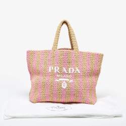 Pre Owned Prada Pink/Beige Stripe Raffia Logo Tote