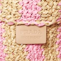 Pre Owned Prada Pink/Beige Stripe Raffia Logo Tote