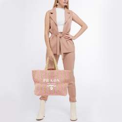 Pre Owned Prada Pink/Beige Stripe Raffia Logo Tote