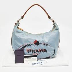 Prada Light Blue/Beige Tessuto Nylon and Leather Stencil Hobo 