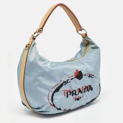 Prada Light Blue/Beige Tessuto Nylon and Leather Stencil Hobo 