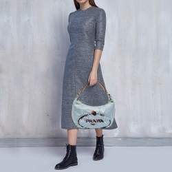 Prada Light Blue/Beige Tessuto Nylon and Leather Stencil Hobo 