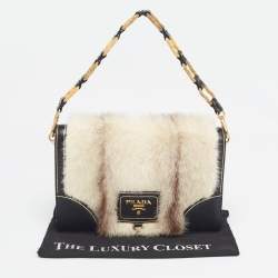 Prada Off White/Black Mink Fur and Saffiano Leather Flap Bag