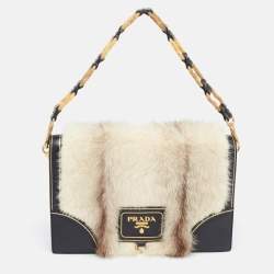 Prada Off White/Black Mink Fur and Saffiano Leather Flap Bag