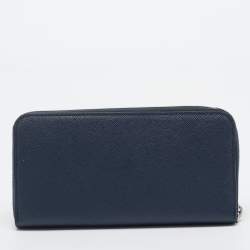 Prada Navy Blue Saffiano Tech Leather Zip Around Continental Wallet