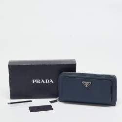 Prada Navy Blue Saffiano Tech Leather Zip Around Continental Wallet