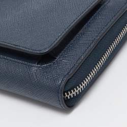 Prada Navy Blue Saffiano Tech Leather Zip Around Continental Wallet