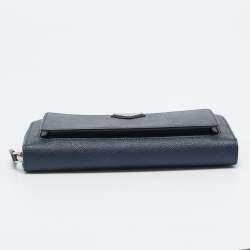 Prada Navy Blue Saffiano Tech Leather Zip Around Continental Wallet