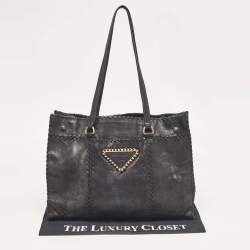 Pre Owned Prada Black Leather Antic Strings Tote