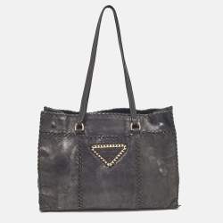 Pre Owned Prada Black Leather Antic Strings Tote