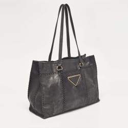 Pre Owned Prada Black Leather Antic Strings Tote