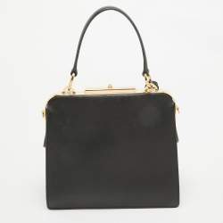Prada Black Logo Print Saffiano Leather Frame Top Handle Bag