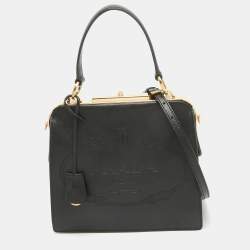 Prada Black Logo Print Saffiano Leather Frame Top Handle Bag