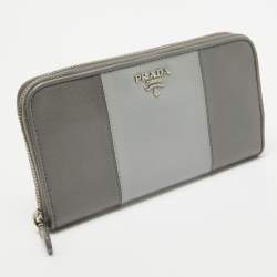 Prada Two Tone Grey Saffiano Leather Zip Around Wallet