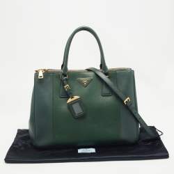 Pre Owned Prada Two Tone Dark Green Saffiano Lux Leather Medium Double Zip Tote