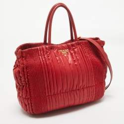 Pre Owned Prada Red Gaufre Nylon and Leather Snap Tote