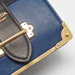 Pre Owned Prada Blue/Black Saffiano Leather Cahier Flap Shoulder Bag