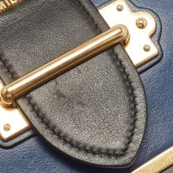 Pre Owned Prada Blue/Black Saffiano Leather Cahier Flap Shoulder Bag