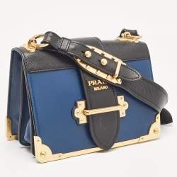 Pre Owned Prada Blue/Black Saffiano Leather Cahier Flap Shoulder Bag