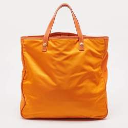 Pre Owned Prada Orange Nylon and Leather Logo Tote