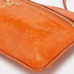 Pre Owned Prada Orange Leather Zip Crossbody Bag