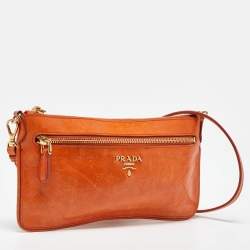 Pre Owned Prada Orange Leather Zip Crossbody Bag