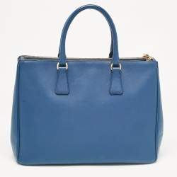 Prada Blue Saffiano Lux Leather Large Double Zip Tote