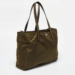 Prada Olive Green Nylon and Leather Shopper Tote