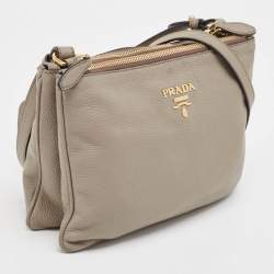 Prada Grey Vitello Daino Leather Double Zip Crossbody Bag