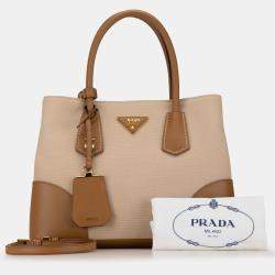 Prada Beige/Brown Canapa and Saffiano Double Satchel Bag