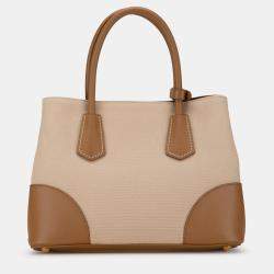 Prada Beige/Brown Canapa and Saffiano Double Satchel Bag