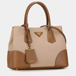 Prada Beige/Brown Canapa and Saffiano Double Satchel Bag